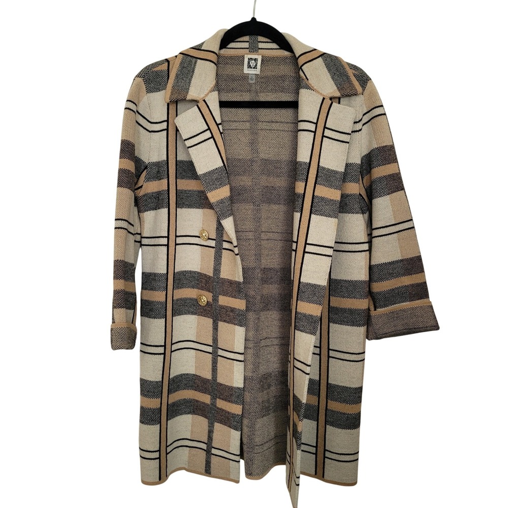 Anne Klein Women's Beige Gray Plaid Button‎ Collared Mid-Length Cardigan Size S